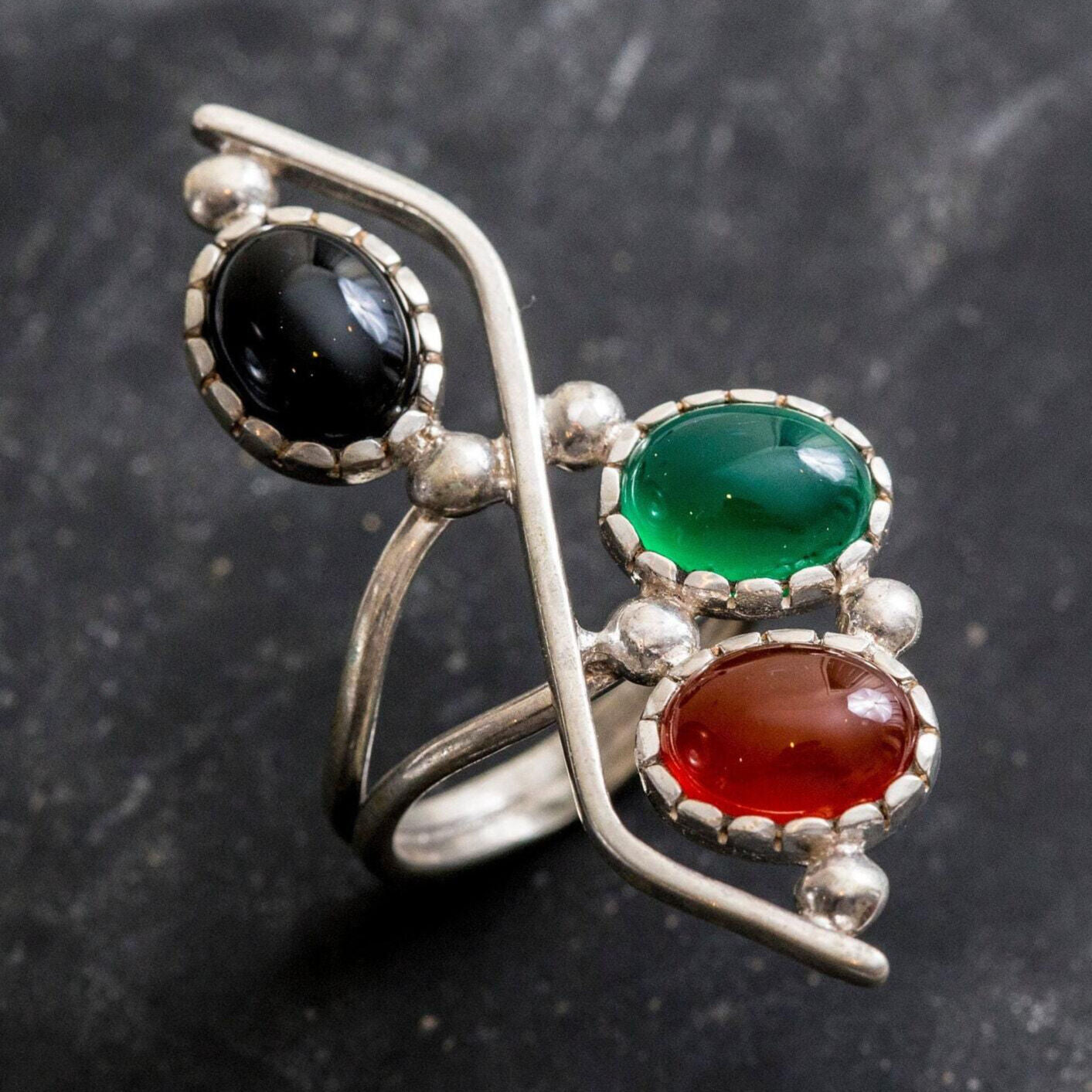 Multistone Ring, Carnelian Ring, Onyx Ring, Created Emerald Ring, 3 Stone Ring, August Ring, Silver Ring, August Birthstone, Unique Ring