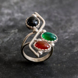 Emerald Statement Ring - Three Stone Ring - Long Silver Ring