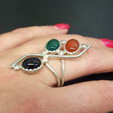 Emerald Statement Ring - Three Stone Ring - Long Silver Ring