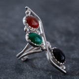 Emerald Statement Ring - Three Stone Ring - Long Silver Ring