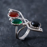 Emerald Statement Ring - Three Stone Ring - Long Silver Ring