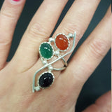 Emerald Statement Ring - Three Stone Ring - Long Silver Ring