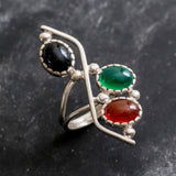 Emerald Statement Ring - Three Stone Ring - Long Silver Ring