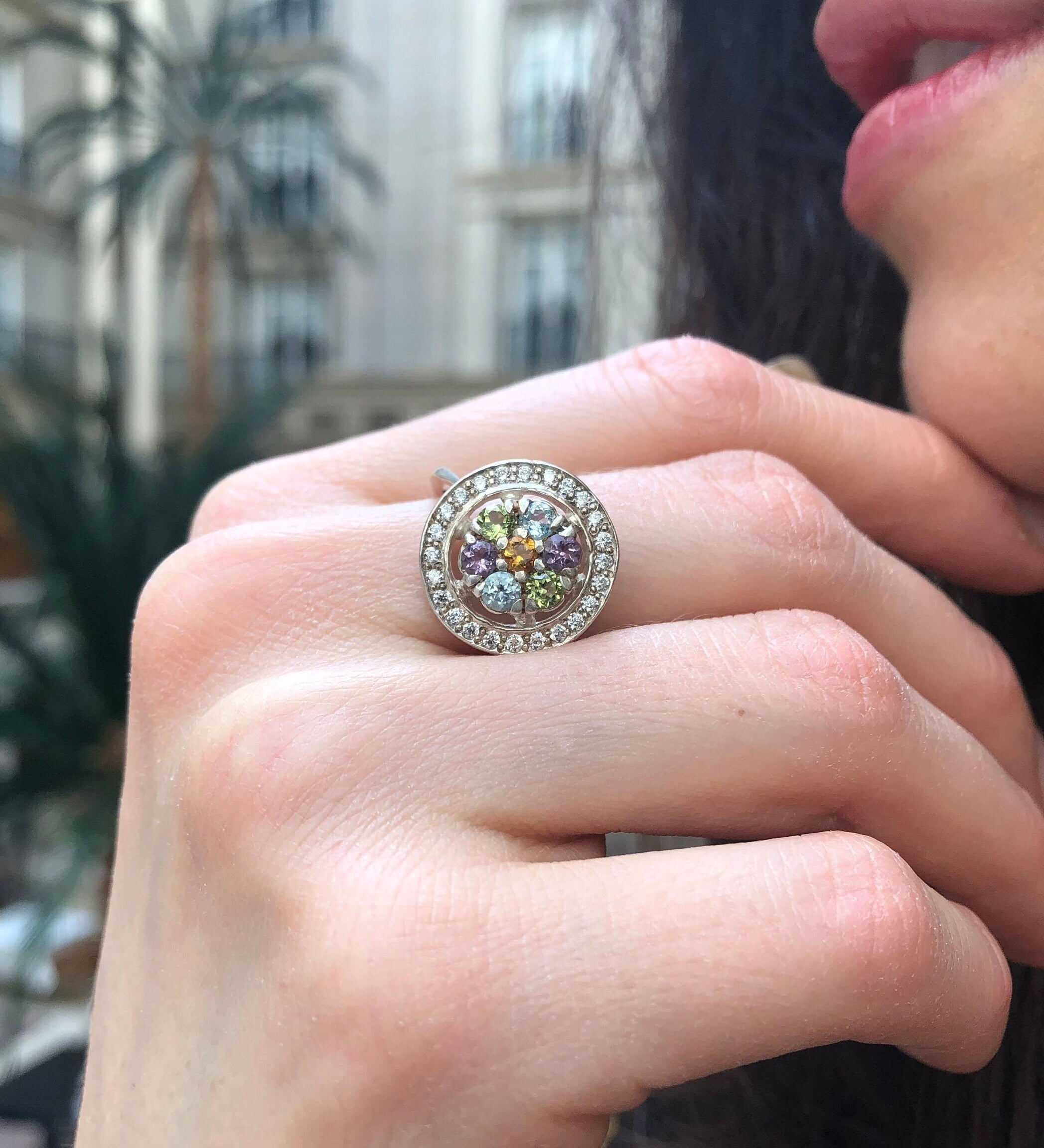 Flower Ring, Topaz Ring, Natural Topaz Ring, Birthstone Ring, Cluster Ring, Vintage Ring, Multistone Ring, Vintage Topaz Ring, Silver Ring