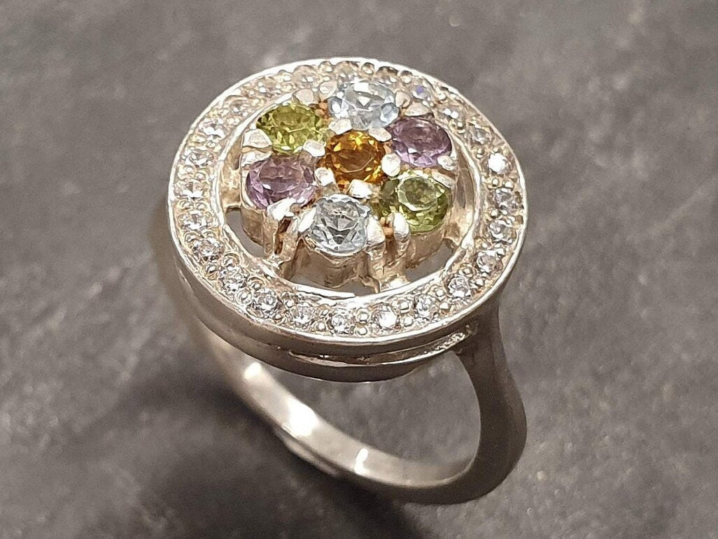 Flower Ring, Topaz Ring, Natural Topaz Ring, Birthstone Ring, Cluster Ring, Vintage Ring, Multistone Ring, Vintage Topaz Ring, Silver Ring