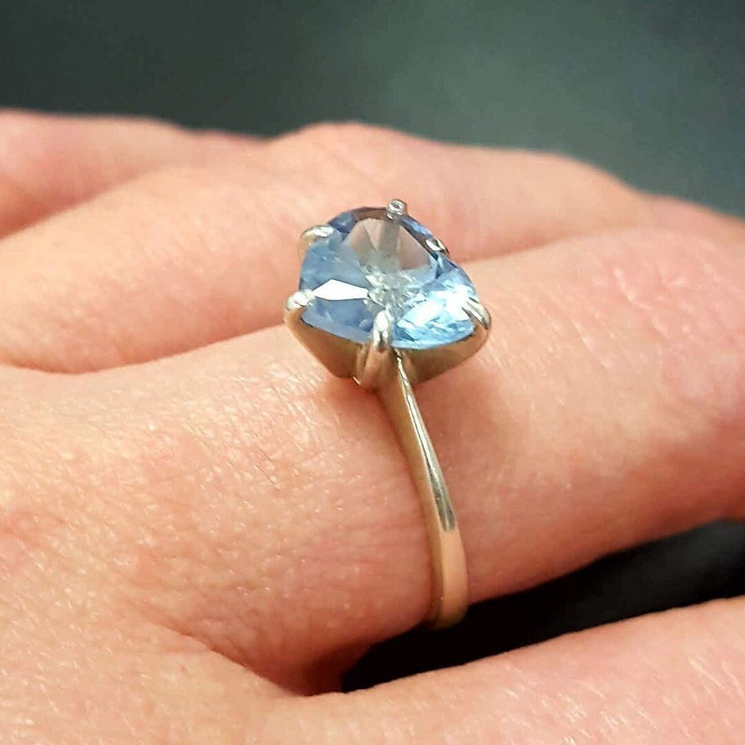 Heart Ring, Aquamarine Ring, Created Aquamarine, Blue Vintage Ring, Vintage Heart Ring, Blue Diamond Ring, Blue Aqua Ring, Solid Silver Ring