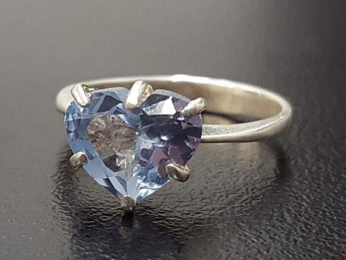 Aqua Heart Ring - Solitaire Aquamarine Ring, Blue Love Ring