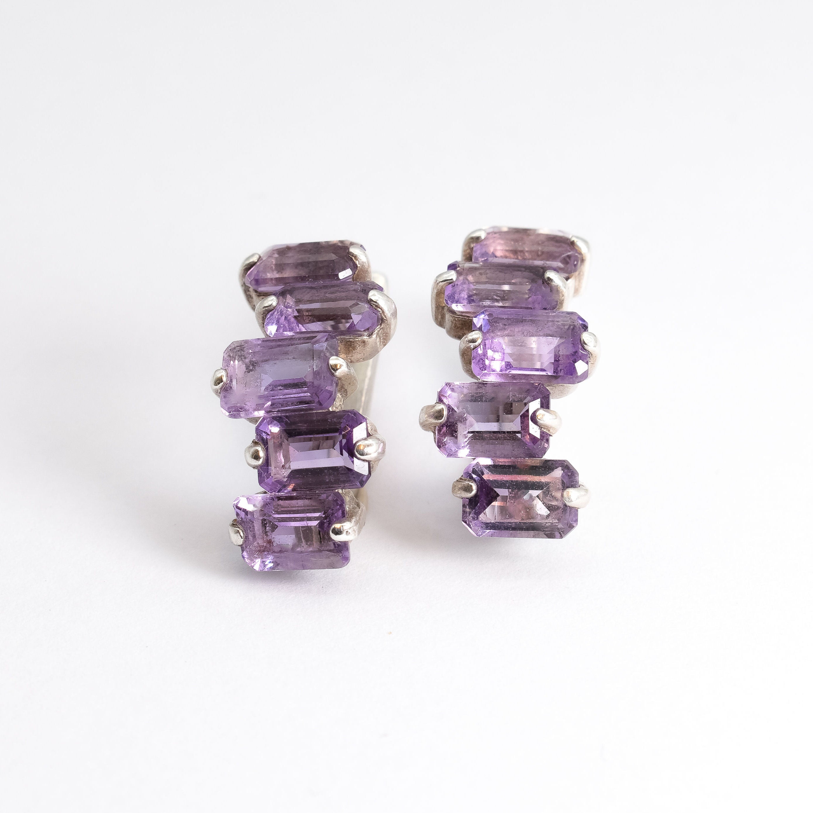 Amethyst Earrings, Emerald Cut Earrings, Half Hoops Earrings, February Birthstone, Statement Studs, Baguette Earrings, Solid Silver Earrings
