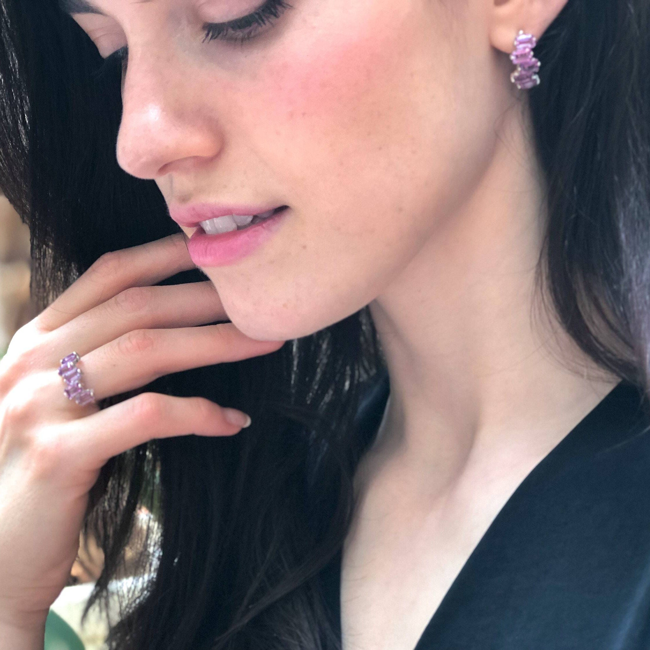 Amethyst Earrings, Emerald Cut Earrings, Half Hoops Earrings, February Birthstone, Statement Studs, Baguette Earrings, Solid Silver Earrings