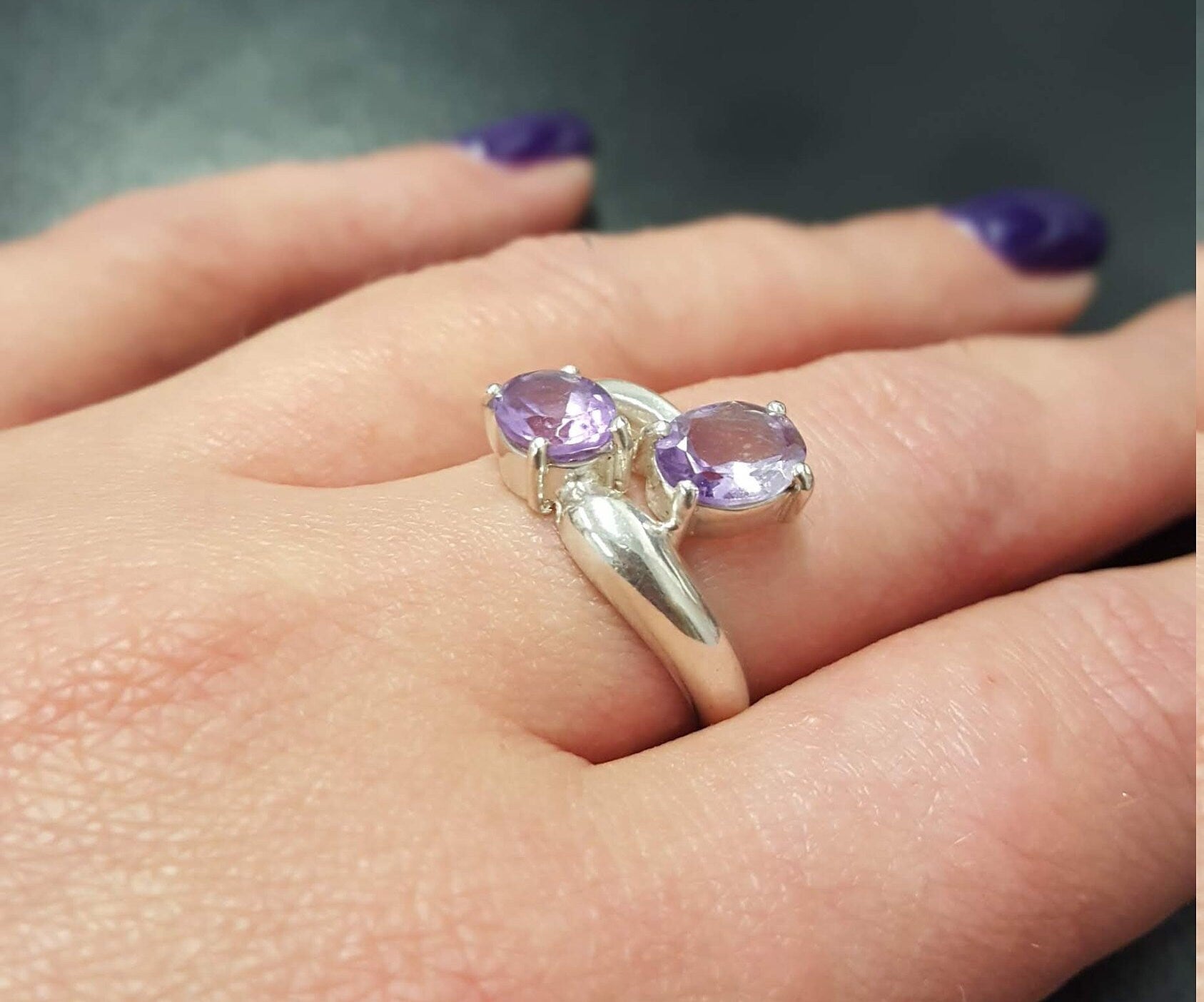 Amethyst Ring, Natural Amethyst, Two Stone Ring, Bypass Ring, February Birthstone, Purple Vintage Ring, Vintage Rings, Silver Ring, Amethyst