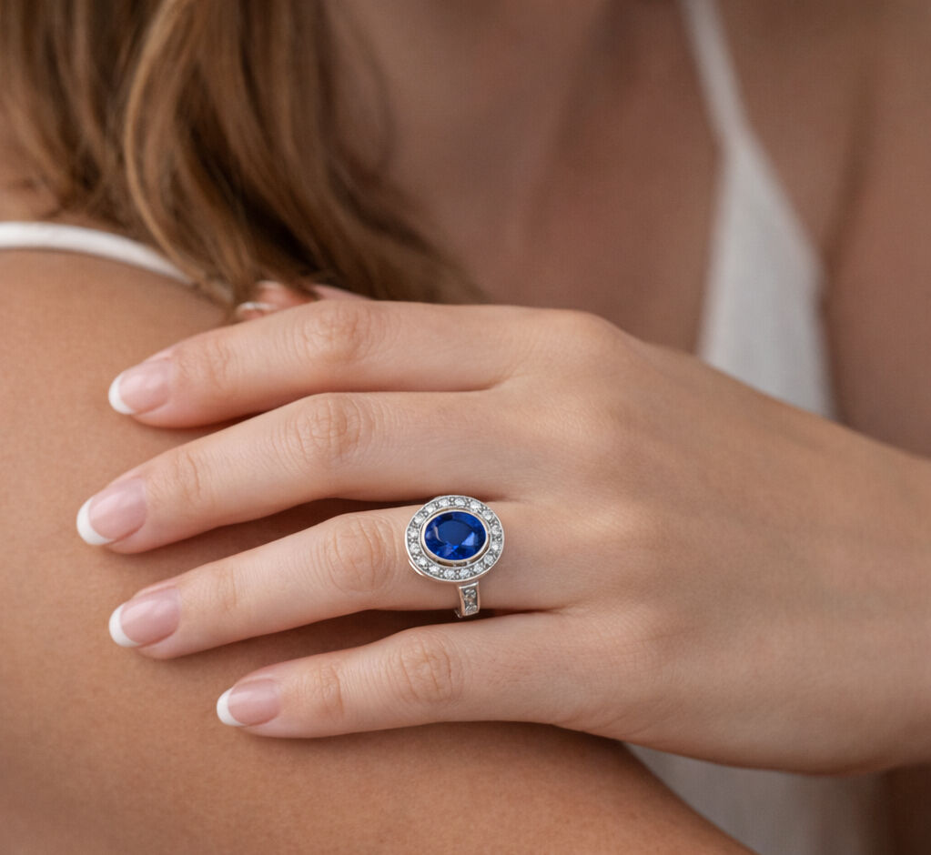 S925 Silver Created Sapphire Ring, Bezel setting, September birthstone, embodies sincerity and faithfulness, perfect gift idea.