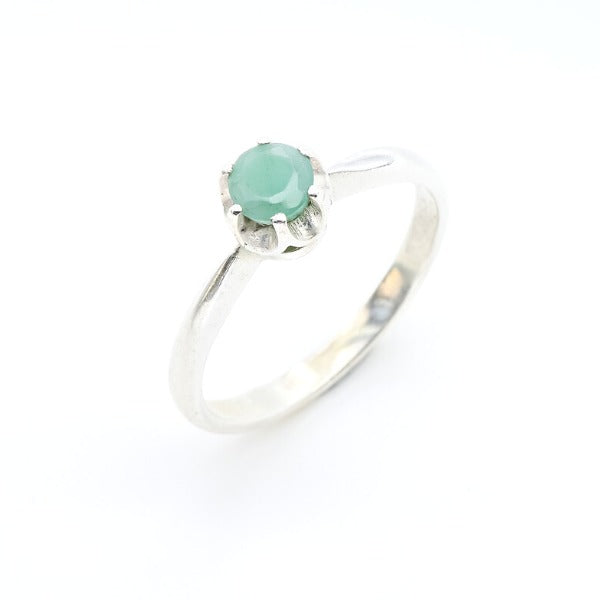 Round Emerald Solitaire Ring, Natural Emerald Ring, Silver Green Gem Ring