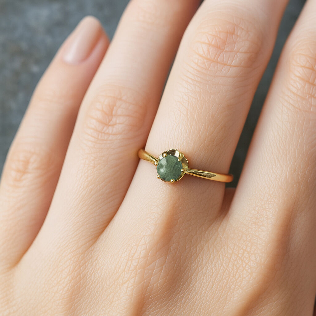 Elegant 18k Gold Vermeil Emerald Ring featuring a round natural green emerald, perfect for May birthdays and special occasions.