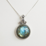 Labradorite Pendant - Green Statement Necklace - Round Vintage Pendant
