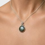 Labradorite Pendant - Green Statement Necklace - Round Vintage Pendant