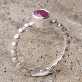 Natural Ruby Ring - Red Bezel Ring - Silver Bubble Band