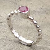 Natural Ruby Ring - Red Bezel Ring - Silver Bubble Band