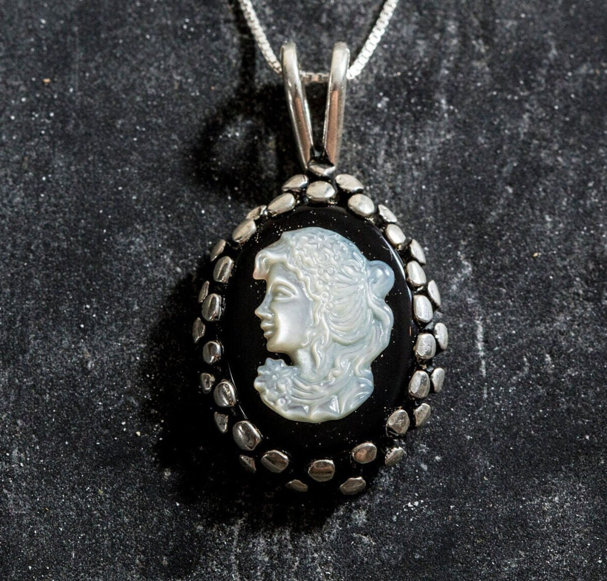 Cameo Pendant, Lady Pendant, Victorian Pendant, Roman Pendant, Roman Style, Black and White Pendant, Black and White Cameo, Silver Pendant