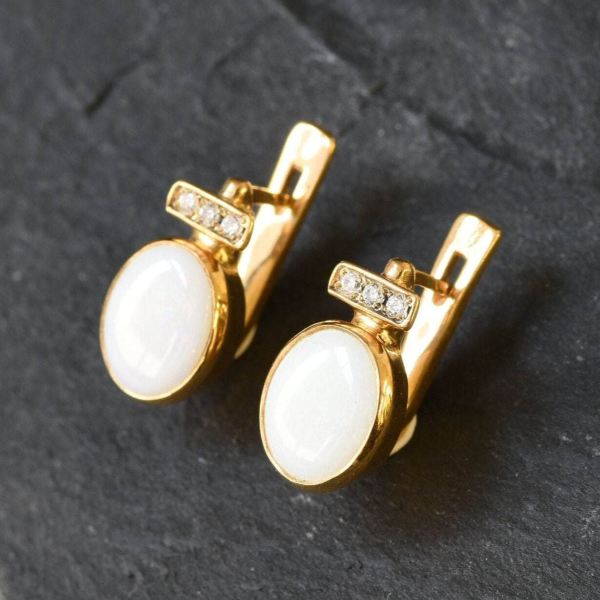 Antique Earrings, Opal Earrings, Natural Opal, October Birthstone, Vintage Earrings, White Oval Studs, Stud Earrings, 925 Silver Earrings(1)