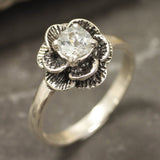 Aquamarine Gold Vintage Flower Ring, Rose Flower Ring, Natural Aquamarine Ring