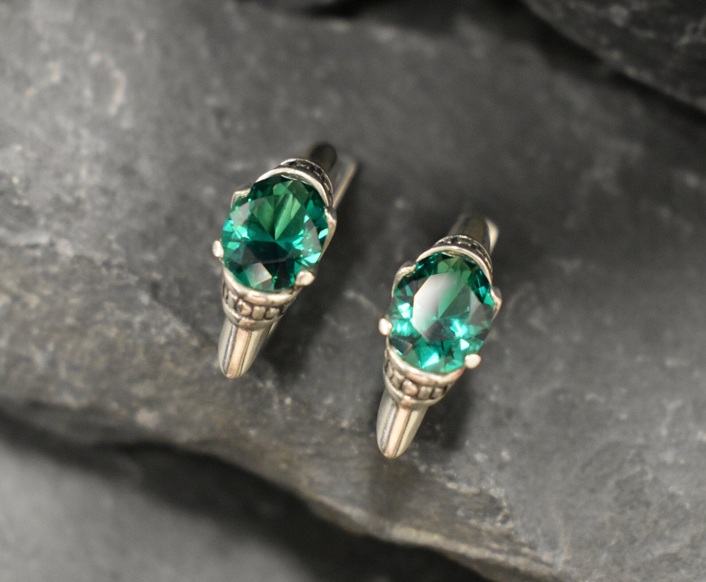 Emerald Earrings, Created Emerald, Vintage Earrings, Emerald Studs, Large Stud Earrings, Boho Earrings, Green Studs, Solid Silver Earrings