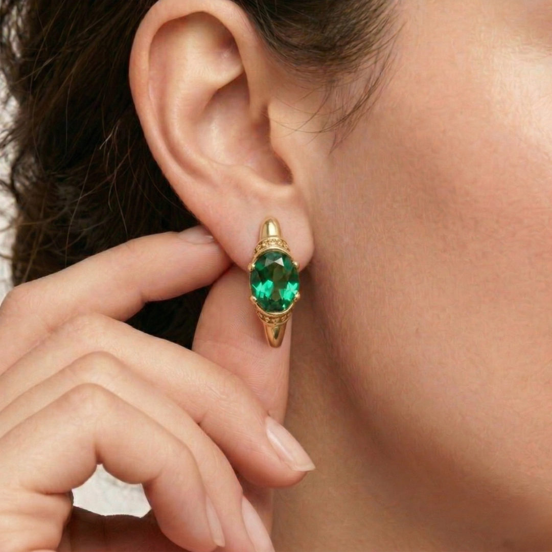 Emerald drop earrings in 18k Gold Vermeil, featuring a stunning oval Created Green Emerald, perfect for birthdays and special occasions.