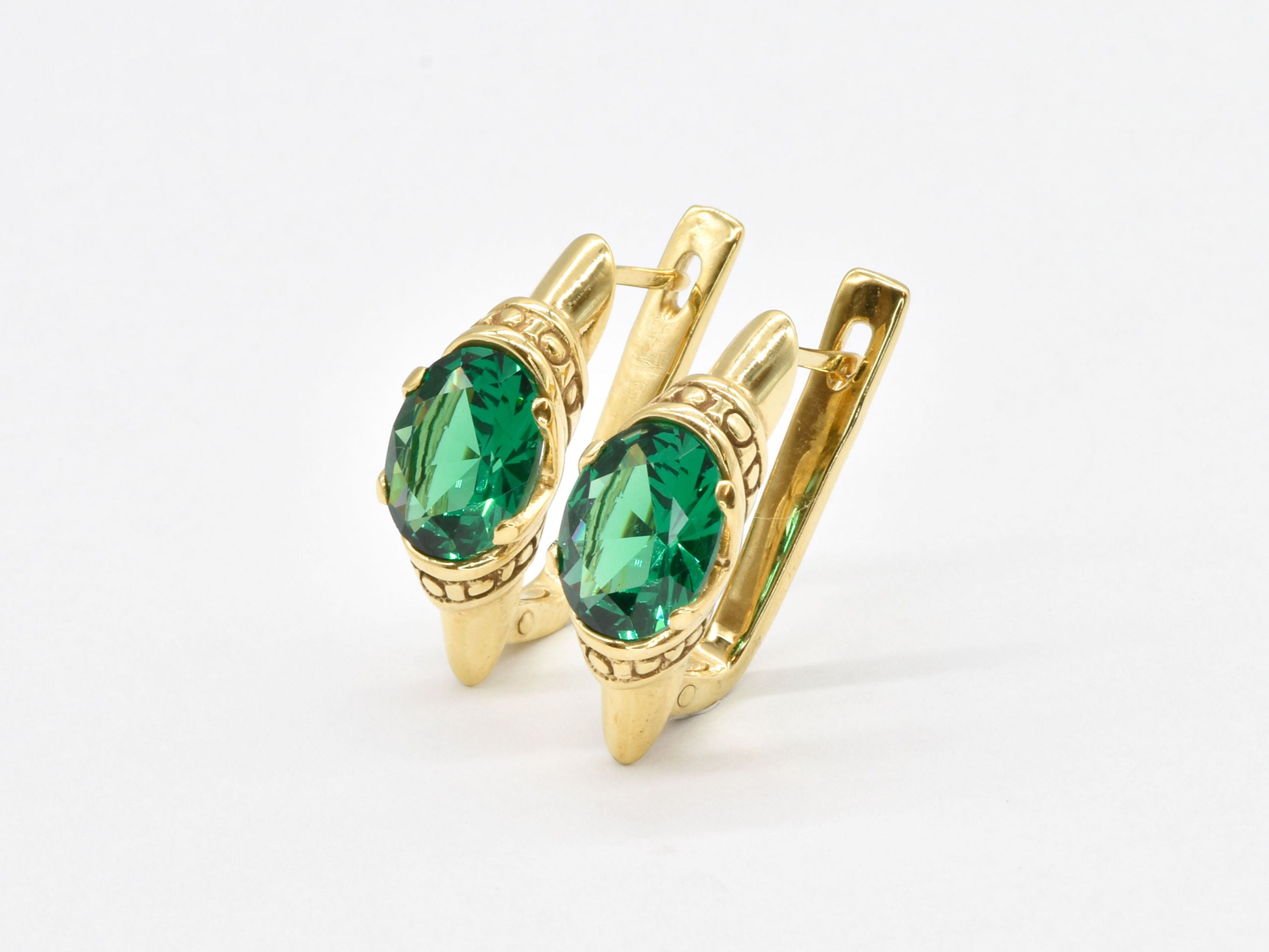 Created Emerald Earrings made in 18k Gold Vermeil with Oval Created Green Emerald in Solitaire setting, May Birthstone gift idea, symbolizes, ideal for everyday wear and perfect for birthday gifting and special occasions.