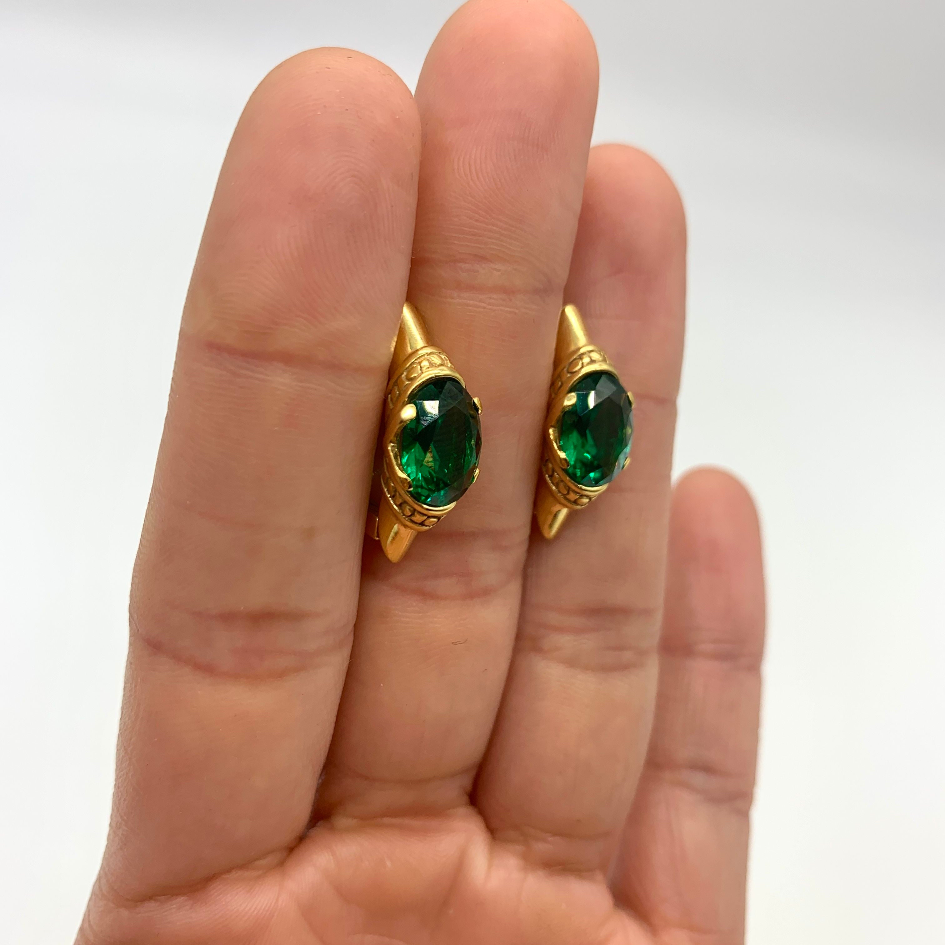 Emerald drop earrings in 18k Gold Vermeil, featuring a stunning oval Created Green Emerald, perfect for birthdays and special occasions.