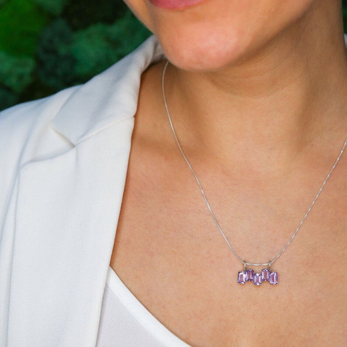 Amethyst Pendant, Horizontal Pendant, Baguette Necklace, February Birthstone, Natural Amethyst, Emerald Cut Pendant, Solid Silver Pendant