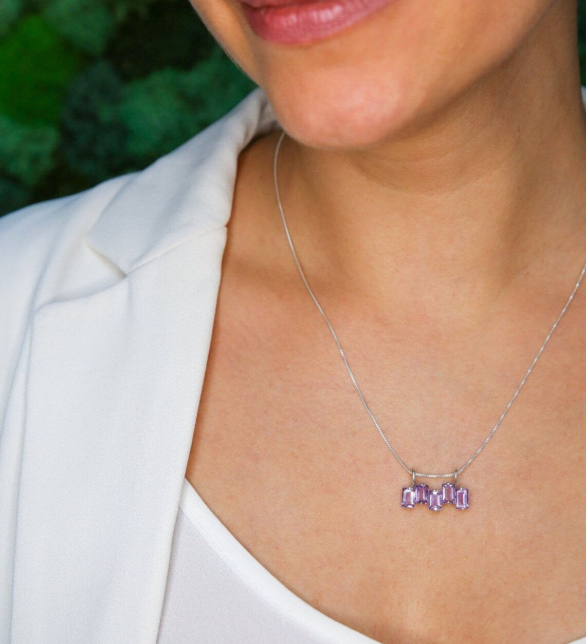 Amethyst Pendant, Horizontal Pendant, Baguette Necklace, February Birthstone, Natural Amethyst, Emerald Cut Pendant, Solid Silver Pendant