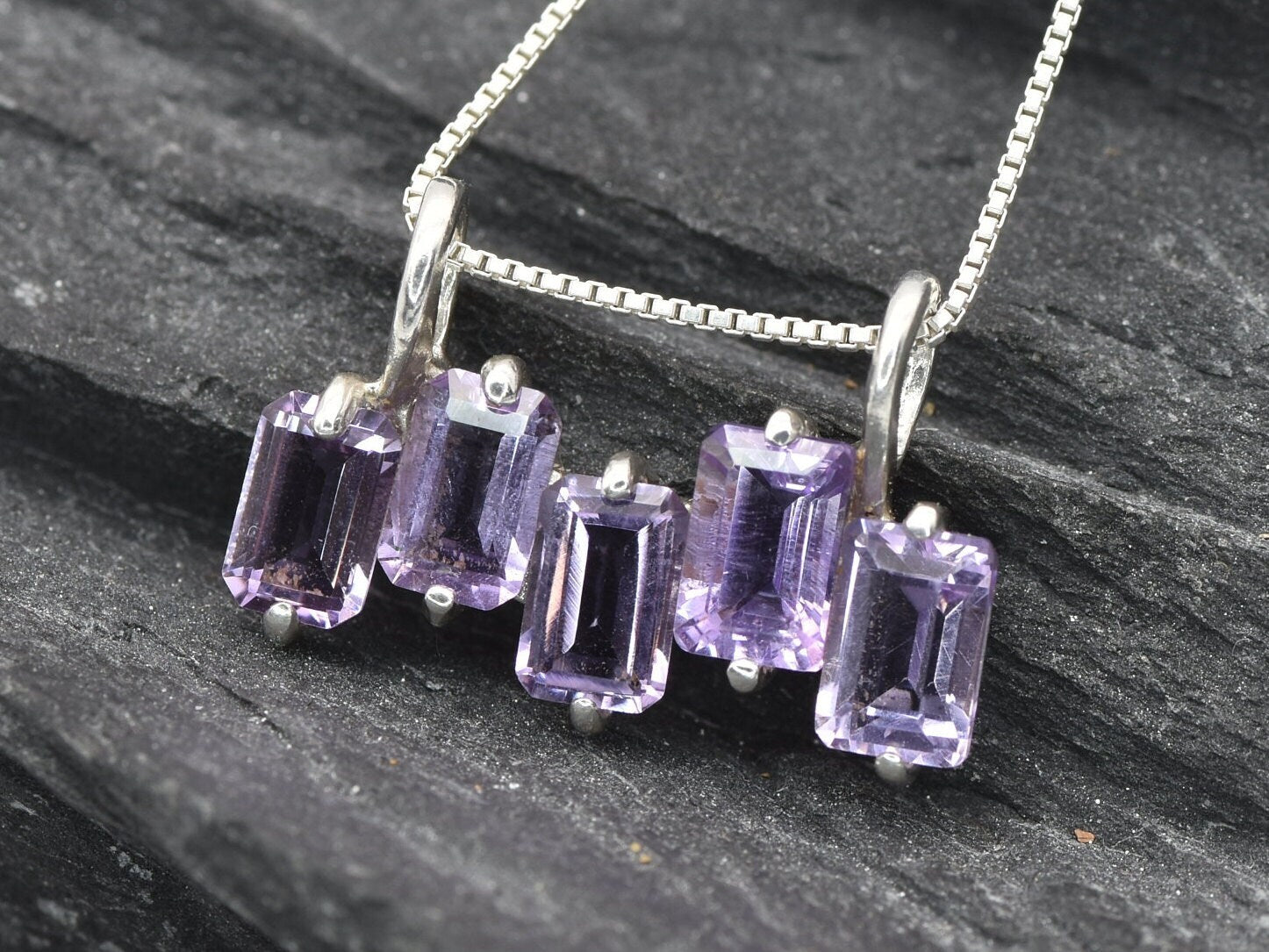 Amethyst Pendant, Horizontal Pendant, Baguette Necklace, February Birthstone, Natural Amethyst, Emerald Cut Pendant, Solid Silver Pendant