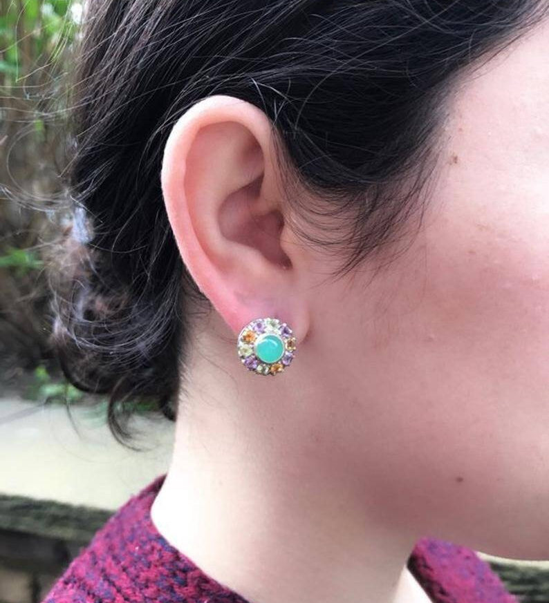 Tourmaline Earrings, Natural Tourmaline, October Birthstone, Victorian Earrings, Vintage Earrings, Multistone Studs, Solid Silver Earrings
