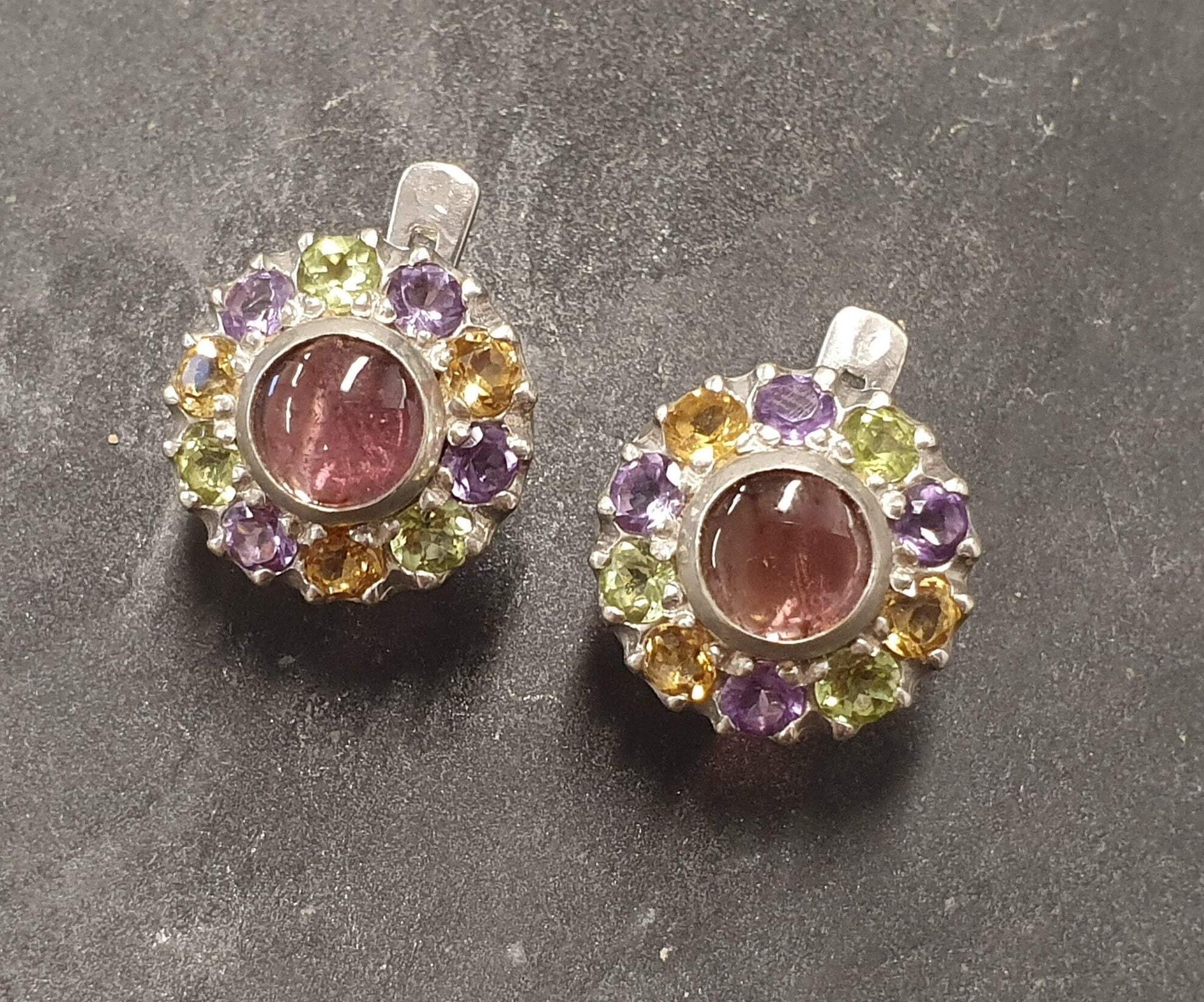 Tourmaline Earrings, Natural Tourmaline, October Birthstone, Victorian Earrings, Vintage Earrings, Multistone Studs, Solid Silver Earrings