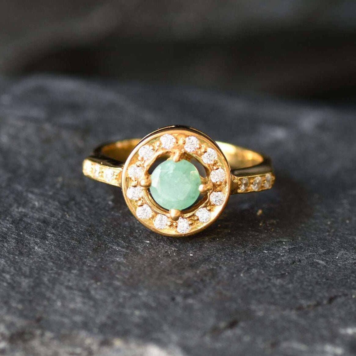 Natural Emerald Ring made in 18k Gold Vermeil with Round Natural Green Emerald in Halo setting, May Birthstone gift idea, symbolizes growth, harmony, and deep emotional healing, ideal for everyday wear and perfect for birthday gifting and special occasions.