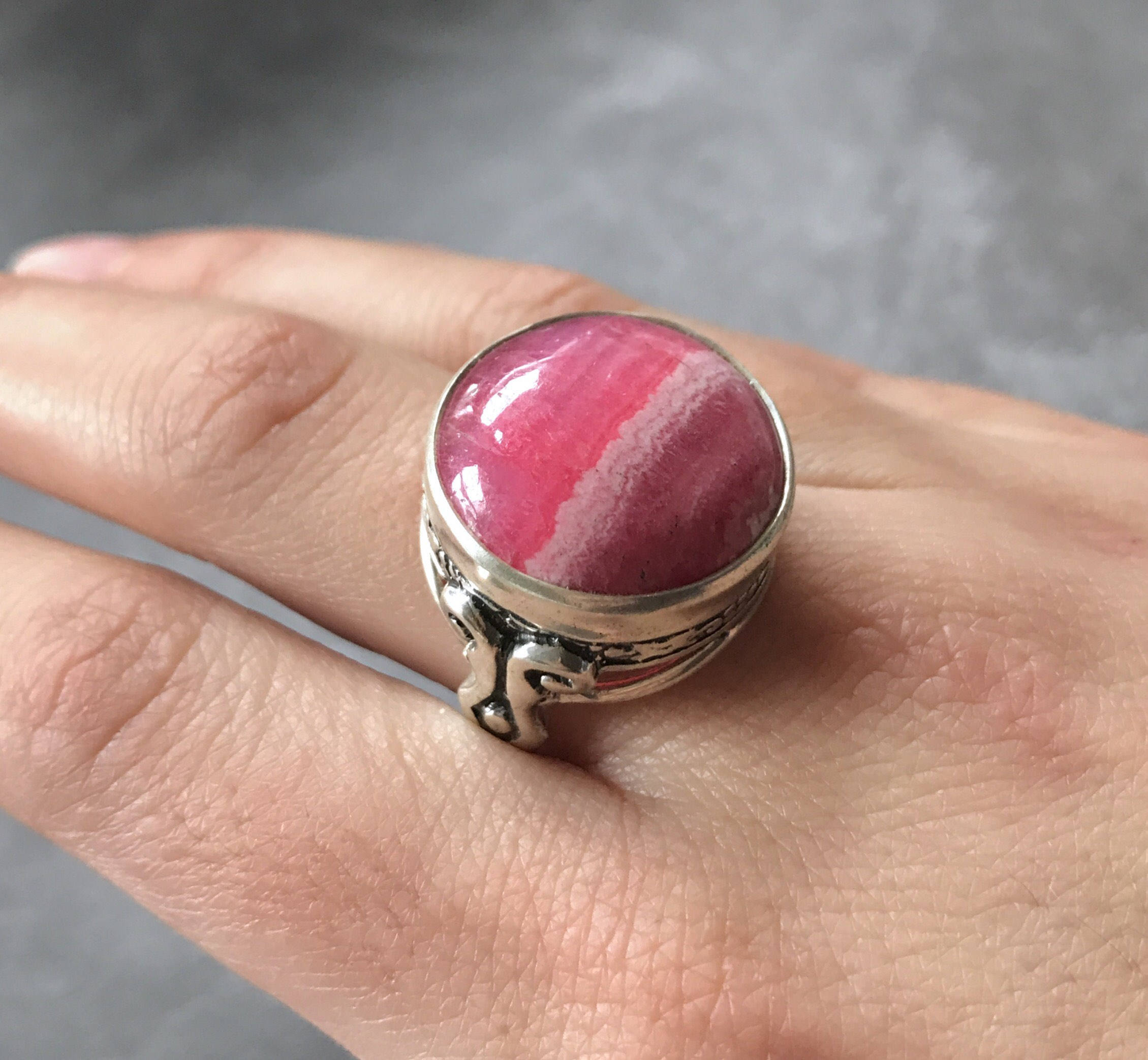 Rhodochrosite Ring, February Birthstone, Vintage Rings, Large Rhodochrosite, Rhodochrosite, Argentina Ring, Natural Stone, Solid Silver Ring (557733276)
