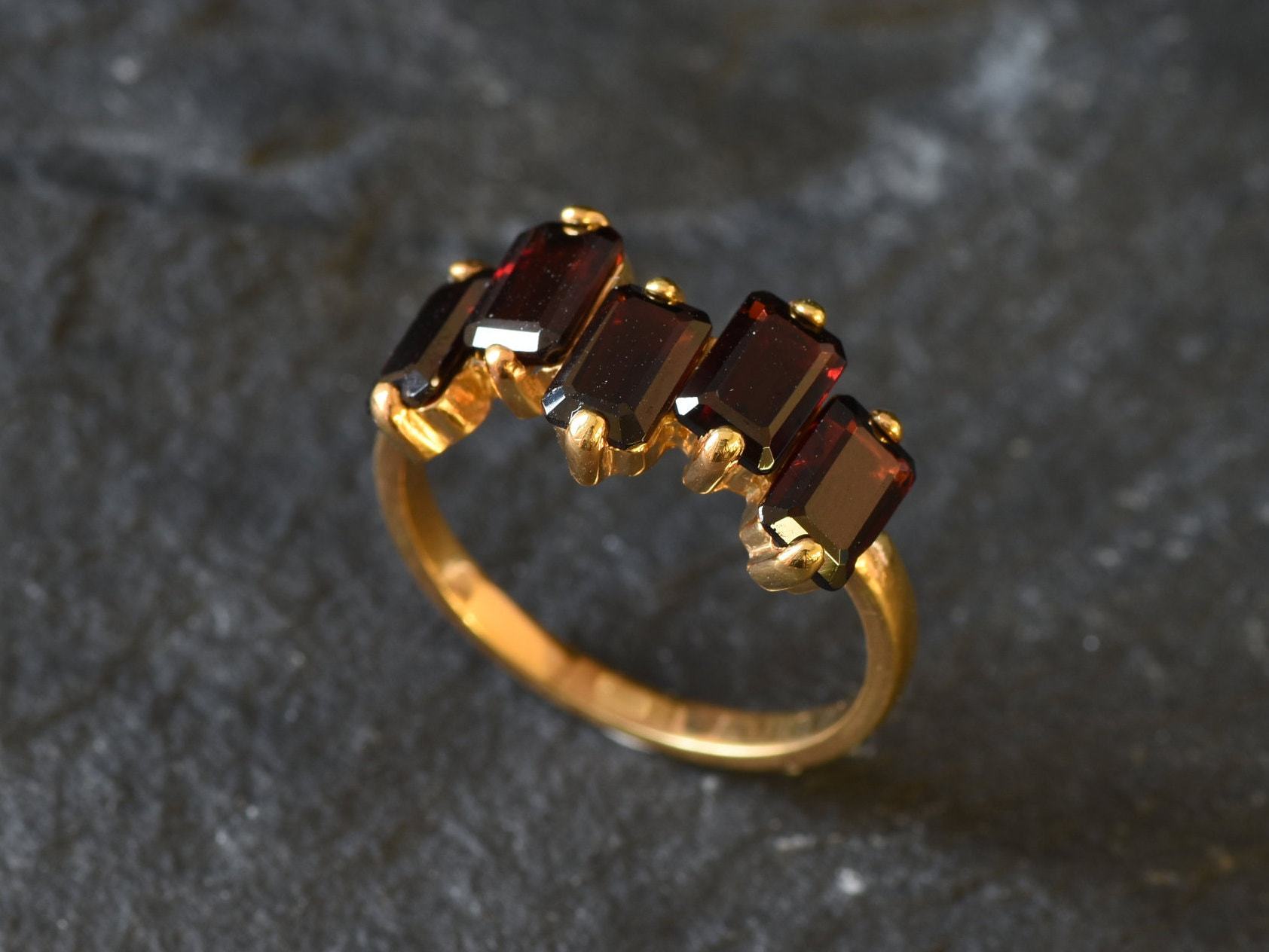 Garnet Ring, Natural Garnet, Emerald Cut Band, January Birthstone, Red Vintage Ring, Red Diamond Ring, Asymmetric Ring, Solid Silver Ring(1)