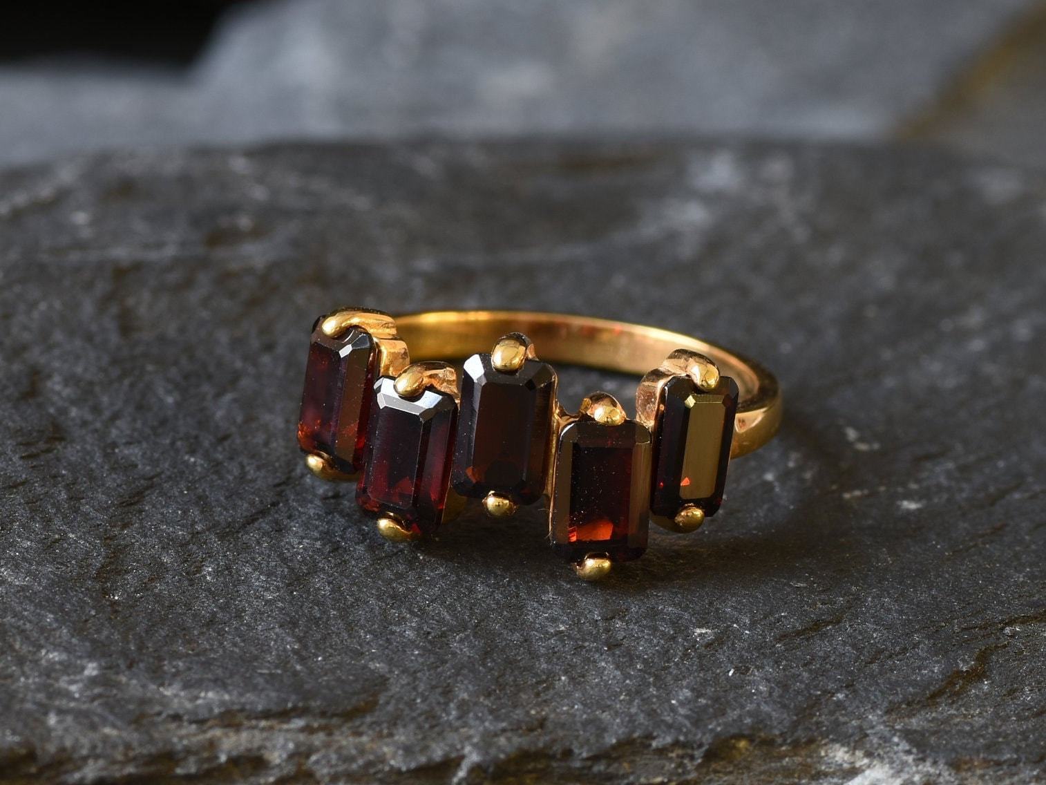 Garnet Ring, Natural Garnet, Emerald Cut Band, January Birthstone, Red Vintage Ring, Red Diamond Ring, Asymmetric Ring, Solid Silver Ring(1)