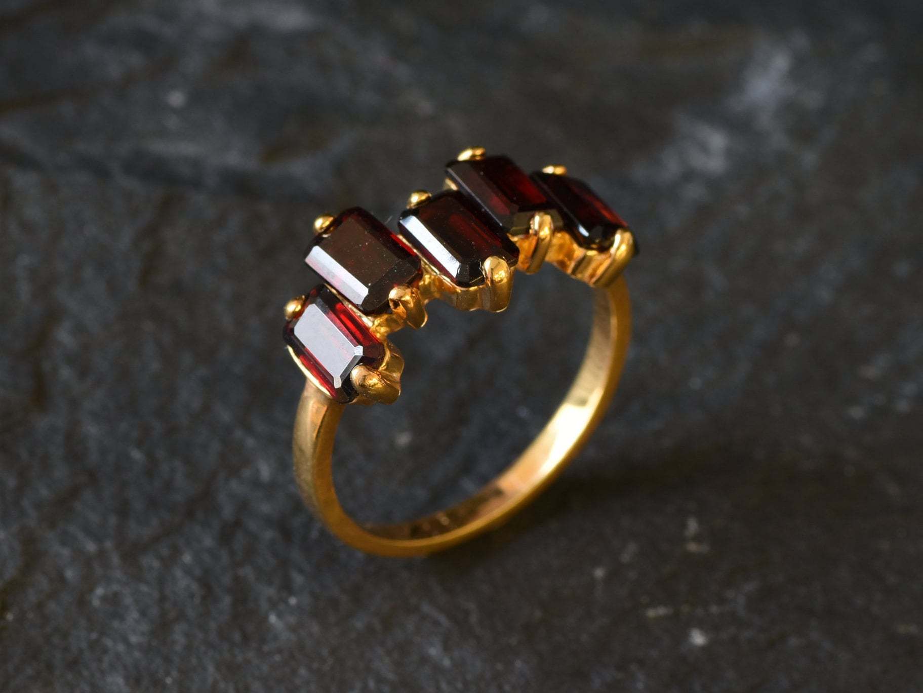 Garnet Ring, Natural Garnet, Emerald Cut Band, January Birthstone, Red Vintage Ring, Red Diamond Ring, Asymmetric Ring, Solid Silver Ring(1)