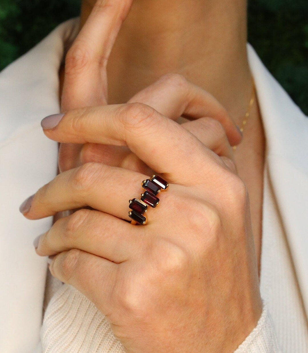 Garnet Ring, Natural Garnet, Emerald Cut Band, January Birthstone, Red Vintage Ring, Red Diamond Ring, Asymmetric Ring, Solid Silver Ring(1)