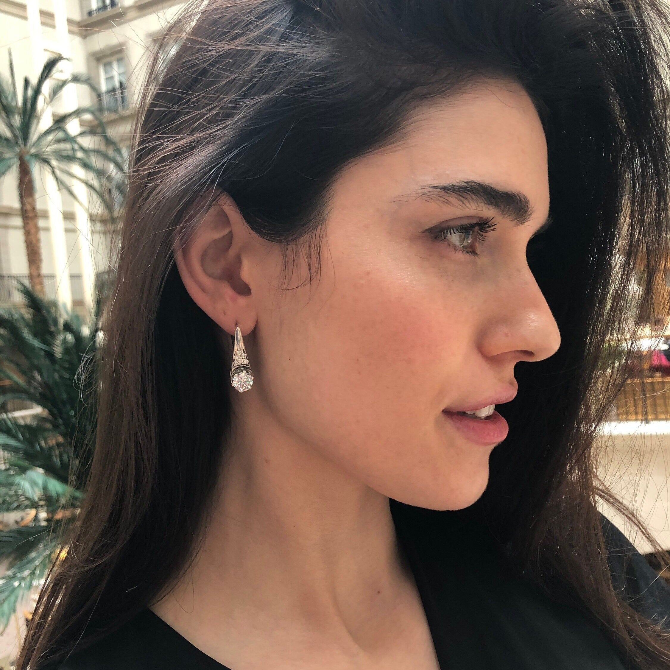 Diamond Earrings, Created Diamond, Sparkly Earrings, Vintage Earrings, Heavy Earrings, 2 Carats Diamond, 925 Silver Earrings, Cubic Zirconia