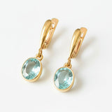 Created Aquamarine Earrings made in 18k Gold Vermeil with Oval Created Blue Aquamarine in Bezel setting, March Birthstone gift idea, symbolizes courage & good luck, ideal for everyday wear and perfect for birthday gifting and special occasions.