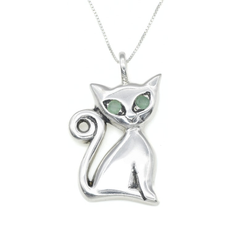 Cat Pendant, Emerald Pendant, Natural Emerald Pendant, May Pendant, Silver Pendant, May Birthstone, Artistic Pendant, Emerald, Silver Cat