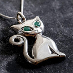 Cat Pendant, Emerald Pendant, Natural Emerald Pendant, May Pendant, Silver Pendant, May Birthstone, Artistic Pendant, Emerald, Silver Cat