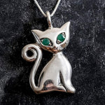 Cat Pendant, Emerald Pendant, Natural Emerald Pendant, May Pendant, Silver Pendant, May Birthstone, Artistic Pendant, Emerald, Silver Cat