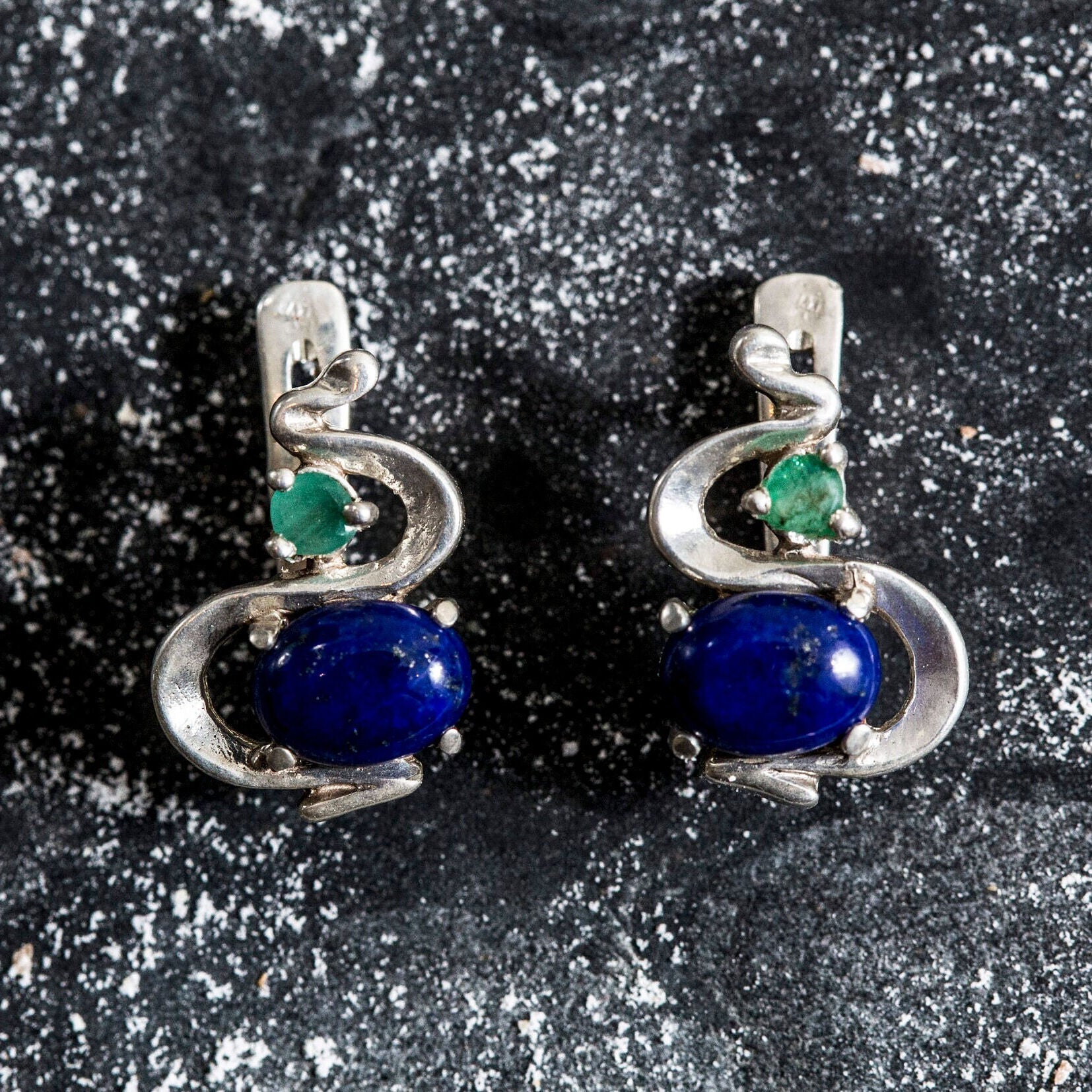 Lapis Earrings, Natural Lapis Lazuli, Natural Emerald, Blue Earrings, December Birthstone, Vintage Earrings, Silver Earrings, Lapis Lazuli