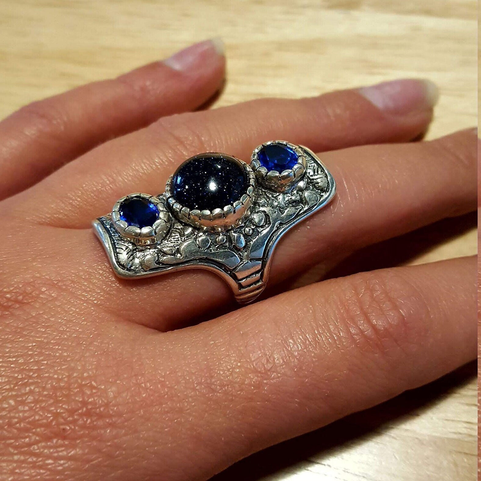 Long Artistic Ring, Blue Sandstone Ring, Tribal Ring, Statement Ring, Sagittarius Ring, Silver Ring, Blue Sand Stone, Created Sapphire
