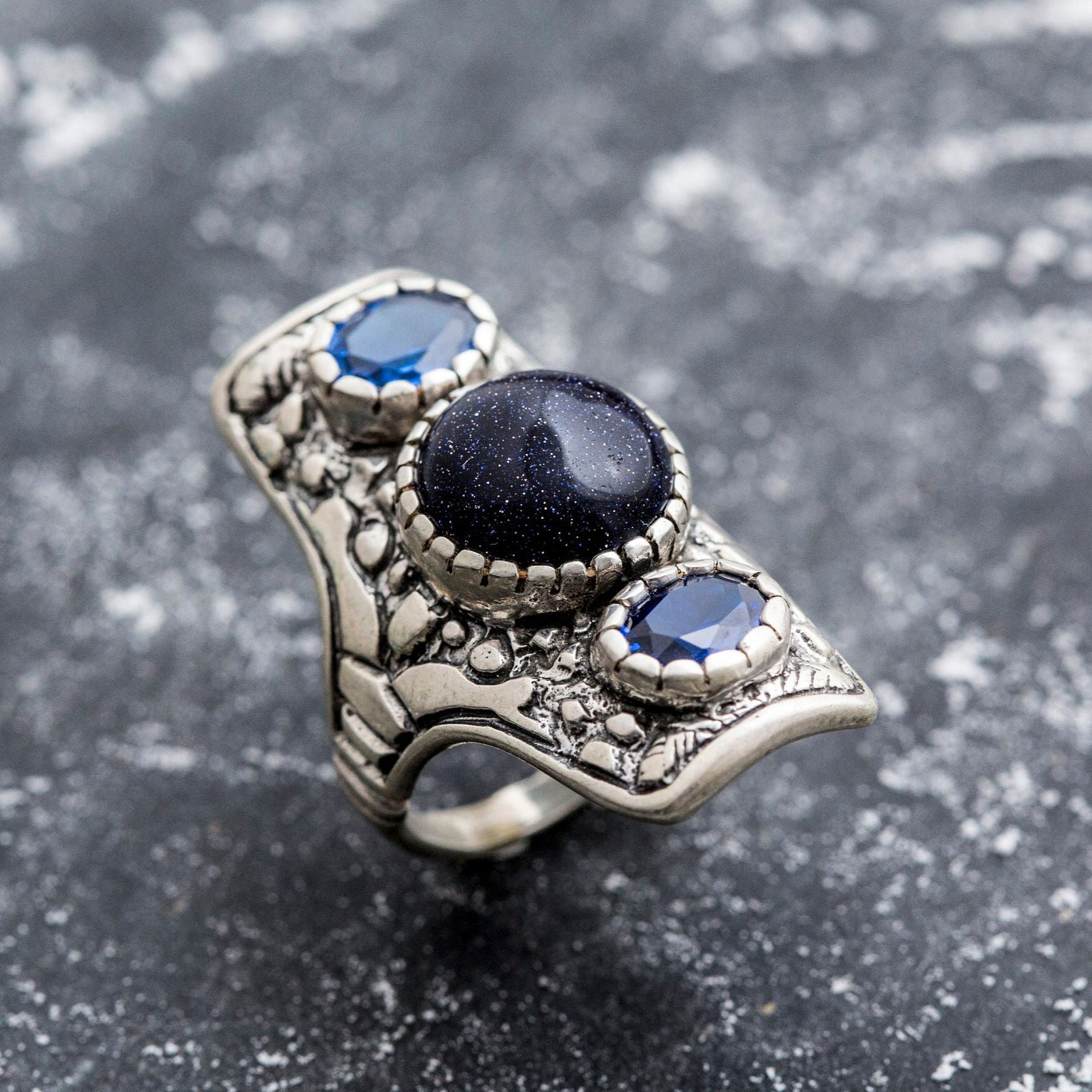 Long Artistic Ring, Blue Sandstone Ring, Tribal Ring, Statement Ring, Sagittarius Ring, Silver Ring, Blue Sand Stone, Created Sapphire