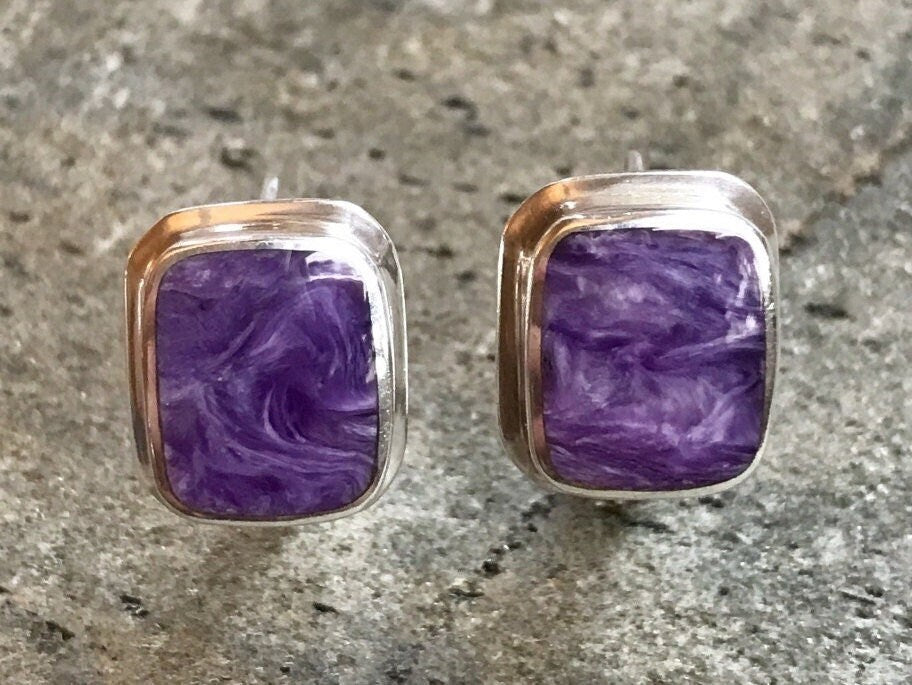 Charoite Earrings, Natural Charoite, Scorpio Earrings, Scorpio Birthstone, Healing Stones, Square Earrings, Purple Earrings, Stud Earrings