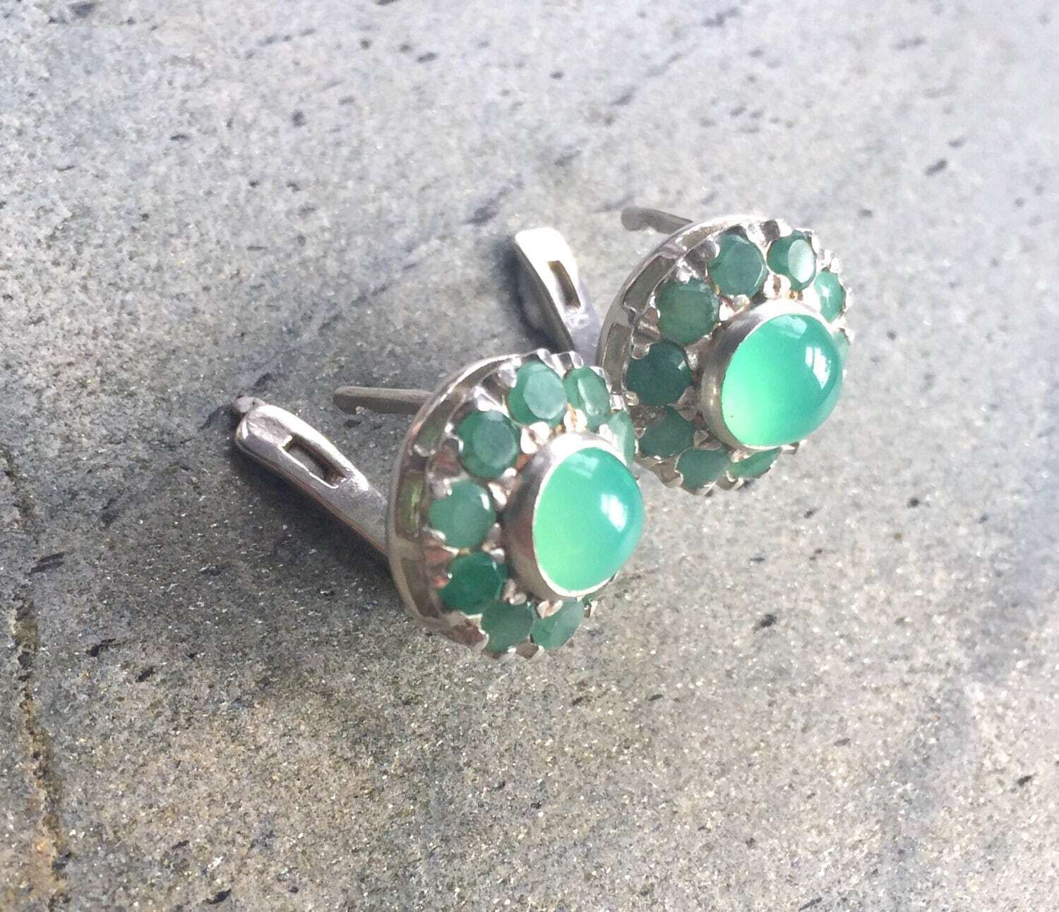 Emerald Earrings, Natural Emerald, Chrysoprase Earrings, Antique Earrings, Vintage Earrings, Natural Stones, Round Studs, Silver Earrings