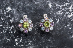 Peridot Earring, Flower Earring, Amethyst Earring, Blue Topaz Earring, Silver Earring, August Earring, December Earring, February Earring
